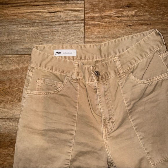 ZARA Khaki Cotton Cargo Pants Straight Leg Mid Rise Pockets Size 4 *flaw - Picture 2 of 6